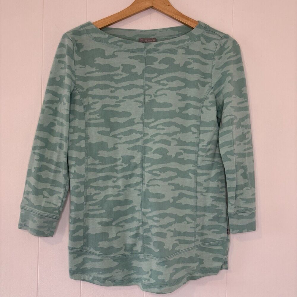 T By Talbots XS Camo French Terry Pullover Top Aqua 3/4 Sleeve Athleisure Cotton